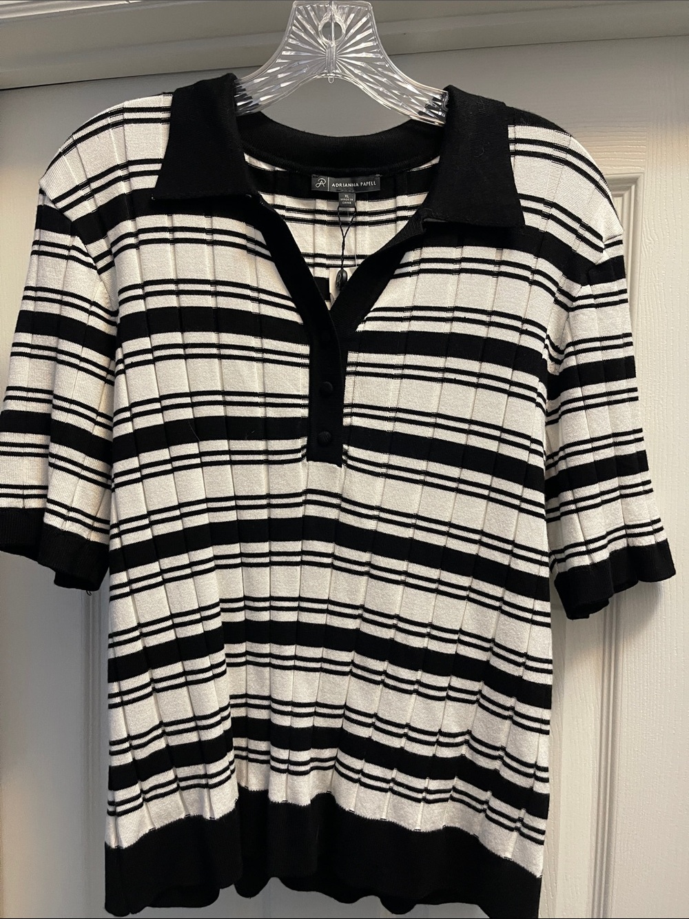 Adrienne Vittadini Black & White Striped Polo Knit Top